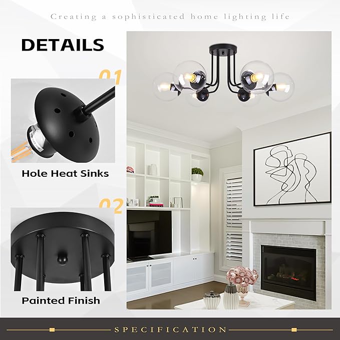 KoKo&Yukina 6-Light Modern Semi Flush Mount Ceiling Light Fixture Mid Century Ceiling Light Globe Ceiling Light with Clear Glass Shade Matte Black Finish for Bedroom Hallway Dining Room Living Room