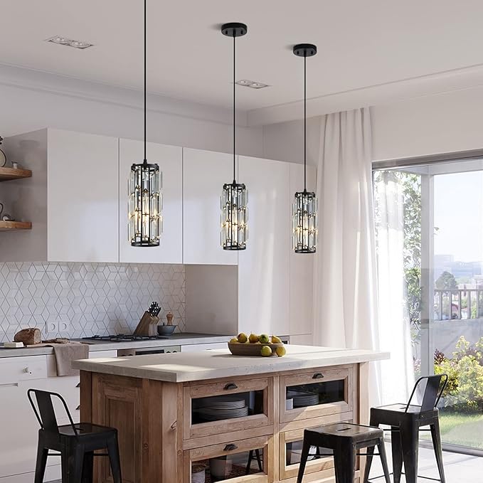 Black Pendant Lights Modern Pendant Light, Mini Crystal Pendant lamp, Adjustable Pendant lamp for Kitchen, Dining Room, Bedroom (Black Pack of 1)