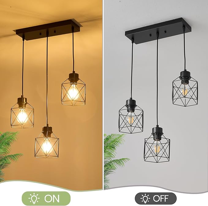 3-Light Hanging Pendant Light Fixtures, Farmhouse Kitchen Island Light Fixture, Industrial Hanging Pendant Lighting for Dining Room Bedroom Hallway, Black Metal Cage Pendant Lamp, E26 Base