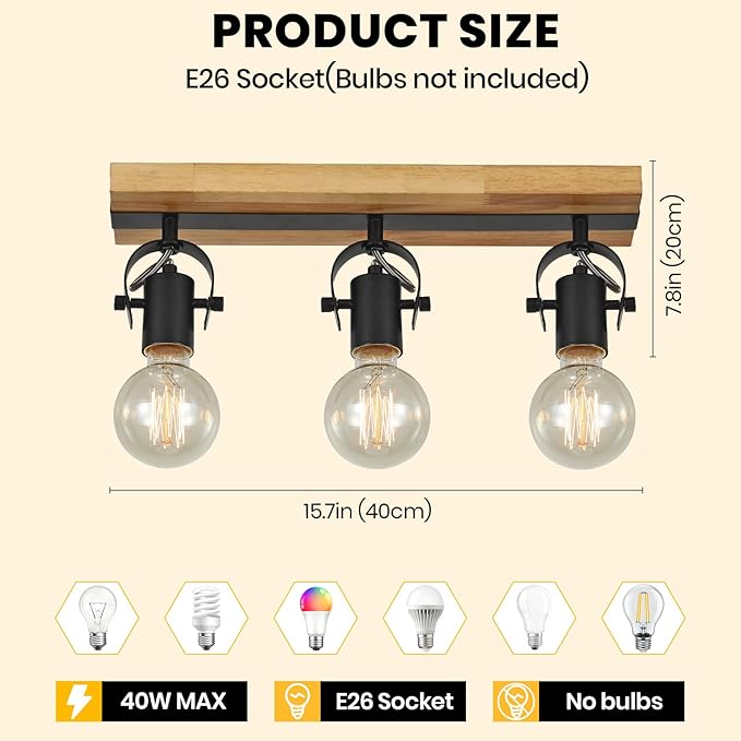 SEEBLEN Industrial Track Lighting Fixtures Ceiling, Farmhouse Wood Ceiling Spot Lighting,Rustic Kitchen Ceiling Light Fixtures for Kitchen Bedroom Bathroom Hallway.