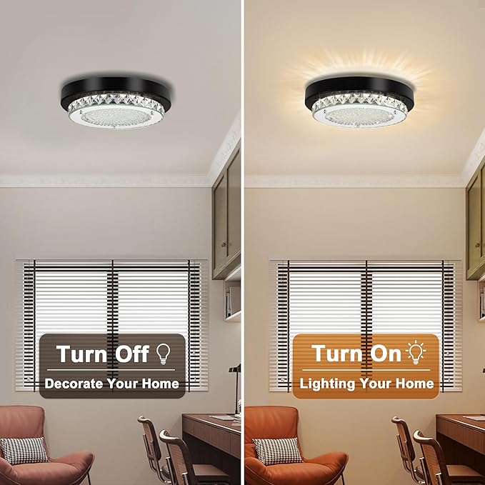 Crystal Flush Mount Ceiling Light Small LED Ceiling Light 10 Inch Round Hallway Lighting Black Modern Bathroom Light Fixtures for Entryway Laundry Room Foyer Mini Closet Ceiling Light