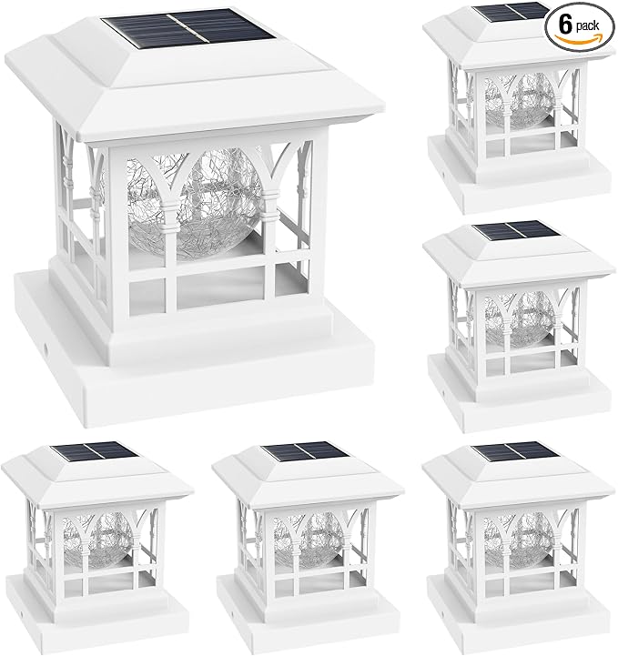 Fence Post Solar Lights, Crackle Glass Solar Post Cap Lights, 20 Lumens, Warm White & RGB Automatic Cycling 2 Modes for 3.6x3.6 4x4 4.5x4.5 5x5 Vinyl Wooden Posts Decoration, White (6 Pack)