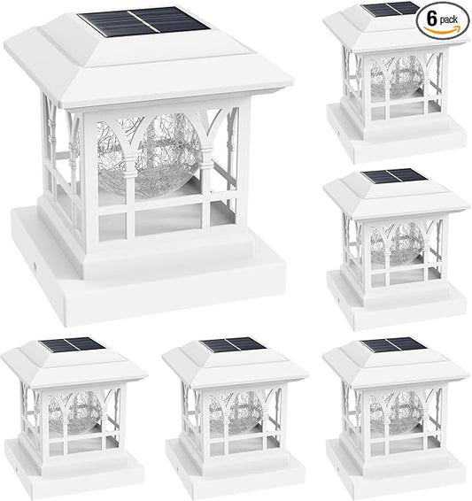 Fence Post Solar Lights, Crackle Glass Solar Post Cap Lights, 20 Lumens, Warm White & RGB Automatic Cycling 2 Modes for 3.6x3.6 4x4 4.5x4.5 5x5 Vinyl Wooden Posts Decoration, White (6 Pack)