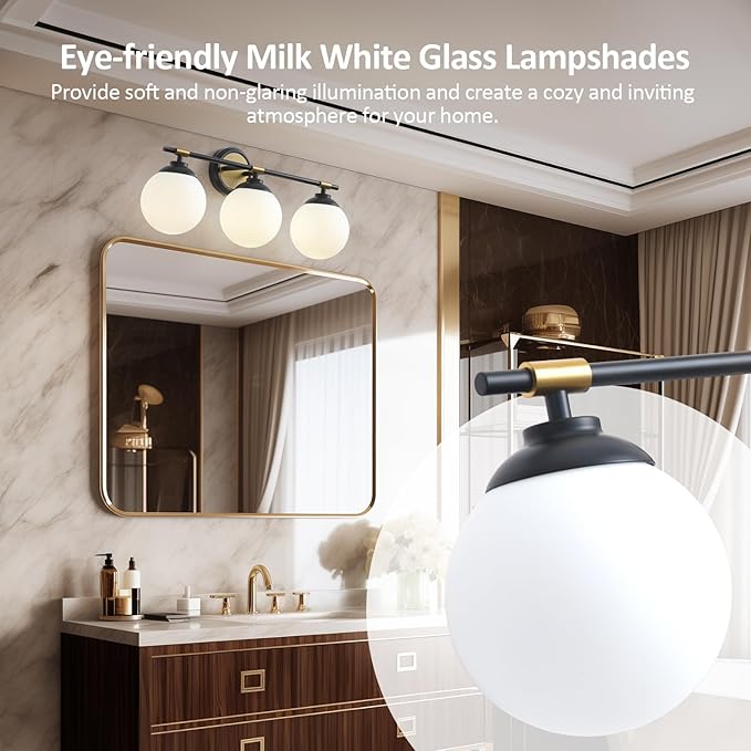 Rayogale Bathroom Light Fixtures, ETL 3 Lights Black Gold Vanity Lights Over Mirror with Milk Glass Soft Lighting Bathroom Wall Sconces for Living Room Bedroom (Exclude E26 Bulb)