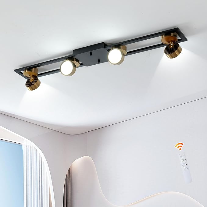 Garwarm Modern Ceiling Light Track Lighting Fixtures, 35.4 Inch Dimmable LED Kitchen Ceiling Light with Remote 4-Light Black LED Chandelier for Dining Room Bedroom