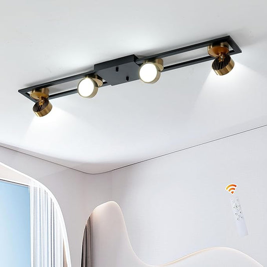 Garwarm Modern Ceiling Light Track Lighting Fixtures, 35.4 Inch Dimmable LED Kitchen Ceiling Light with Remote 4-Light Black LED Chandelier for Dining Room Bedroom