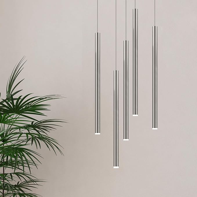 CANALIS 5 Mini Pendant Lighting Nickel - LED Hanging Light Fixture for Kitchen Island, Bar, Foyer - Cluster Pendants - Dimmable, Adjustable Wire, Lamp Bulb Included