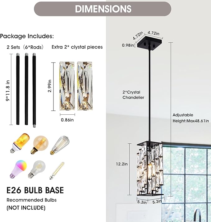 Crystal Pendant Lights Kitchen Island 2 Pack, Modern Black Chandelier Height Adjustable, Hanging Lights for Kitchen Island Dining Room Bedroom