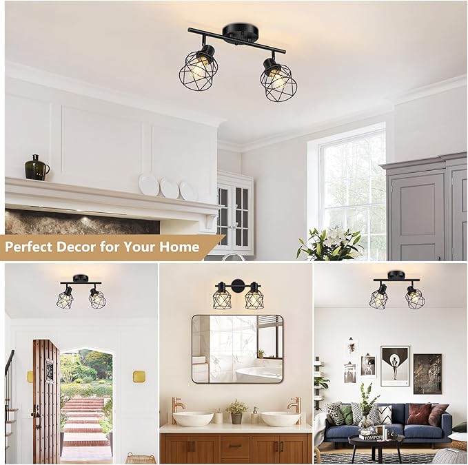 2-Lights Kitchen Light Fixtures Ceiling Mount, Adjustable Semi Flush Mount Ceiling Light with Metal Wire Cage, Vintage Track Spotlight Ceiling Fixtures for Dining Room, Farmhouse, Entryway