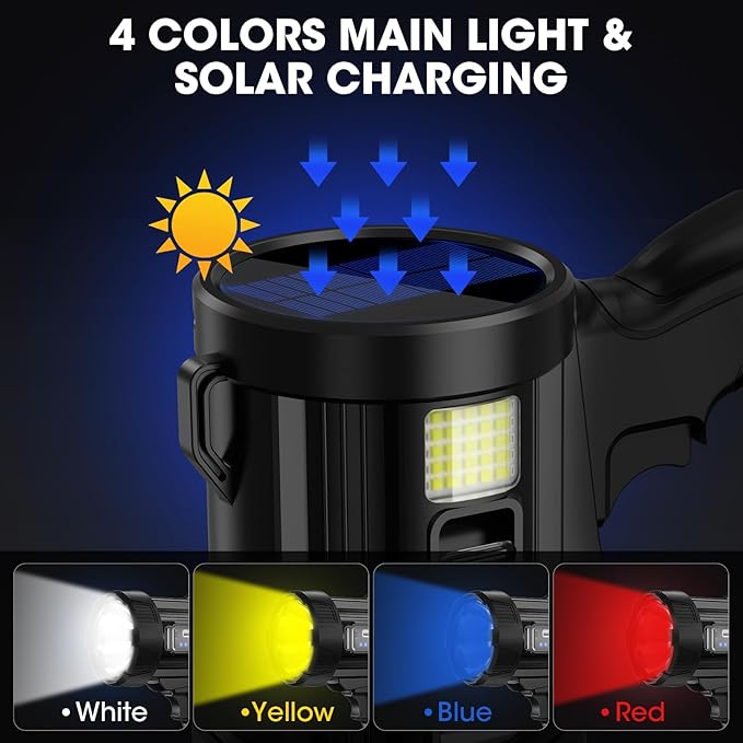 Kmivo Rechargeable LED Spotlight Flashlight, 2,000,000 High Lumens Spot Light, Solar USB Charging with Cob for Camping Hiking Boating