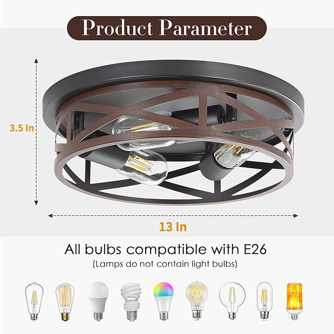 13 Inch Farmhouse Close to Ceiling Light Fixtures, Metal Cage Flush Mount Ceiling Light 3-Lights, Black Industrial Semi Flush Mount Ceiling Light for House Hallway Kitchen Bedroom, 2 Pack