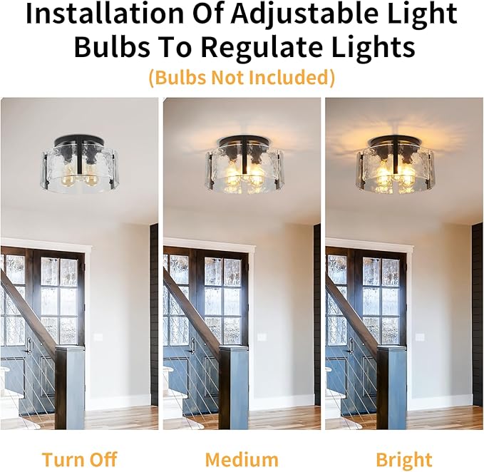 Black Semi Flush Mount Ceiling Light Fixture, 14-Inch Glass Drum Flush Mount Light Farmhouse Modern Lights Kitchen Lighting Fixtures for Foyer Entryway Hallway Laundry Room Bedroom Bathroom