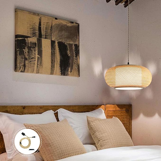 Plug in Bamboo Pendant Light, Boho Style Lamp, 16.7ft Plug in chandelier Wire with a Switch. Japanese Wabi-Sabi Style Circular Lampshade Lighting, Dining Rooms, Bedrooms, Storage Rooms and Kitchens.
