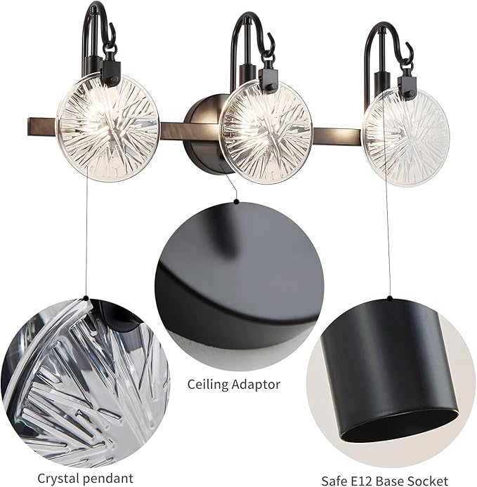 WUZUPS 3-Light Bathroom Light Fixture Over Mirror Morden Vanity Wall Sconces Clear Glass Shade for Bedroom Living Room, E12 Base, Black