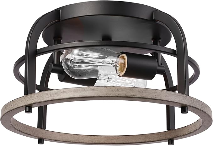 GLOBE Electric 65888 Shilah 2-Light Flush Mount Ceiling Light, Matte Black, Faux Wood Accents