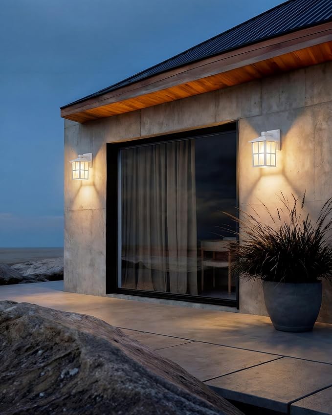 KDG Outdoor Waterproof Patio Wall Light Fixtures Set of 2, White E26 Socket Exterior Lanterns with Tempered Glass, Modern Wall Mounted Lamp Suitable for Home, Front Door, Garden, Garage, Porch