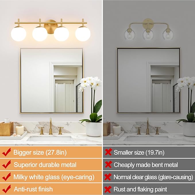 MOKATNG 4-Light Bathroom Light Fixtures, Brushed Gold Vanity Lights for Bathroom with Milky White Glass Shade, Bathroom Lighting Fixtures Over Mirror, Wall Sconce for Bedroom (Bulb Not Included)