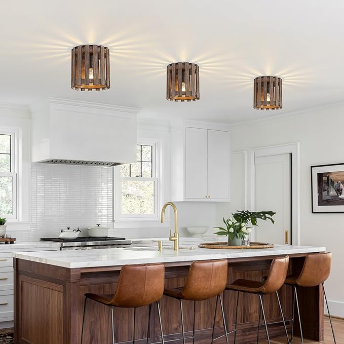 Farmhouse Flush Mount Ceiling Light, Wood Close to Ceiling Light, Rustic Hallway Light Fixtures for Kitchen, Dining Room, Living Room, Entryway