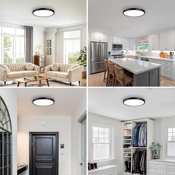 Flush Mount Ceiling Light Fixture, 14 Inch LED Modern Kitchen Light, Slim Dimmable Black Flush Mount Light for Low Ceiling, Laundry, Hallway, Metal and Glass Lighting, 26W, 3000K, 2 Pack