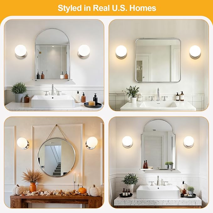 2 Pack Modern Brushed Nickel Wall Light Fixtures, Mid-Century Globe Glass Wall Sconces Set of Two for Bathroom Mirror, Living Room, Hallway, Entryway (Bulbs Not Included)