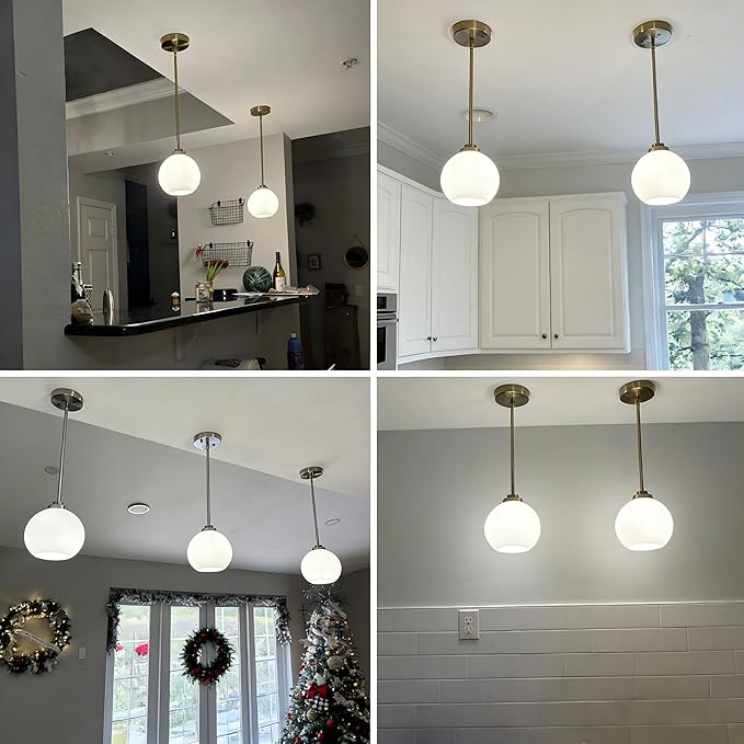 2 Pack 7.2-Inch Globe Pendant Lights, Mid Century Brushed Nickel Pendant Light Fixtures, Globe Pendant Lights Kitchen Island with Milk Glass Shade Hanging Fixture for Dining Room Bulbs not Included