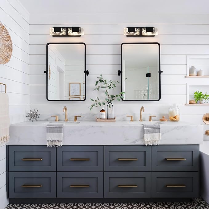 LED Bathroom Vanity Light: 16in Matte Black Acrylic Modern Lighting Fixtures - 2-Light Contemporary Smoke Design Wall Lights Fixture Over Mirror 3000K