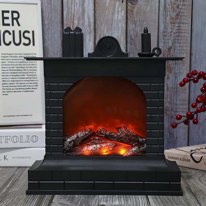 Simulated LED Fireplace Lantern USB & Battery Powered Flameless Light with Emulation Flame Table Decorative Lamp Copper Fireplace Ornament for Cozy Home Decor Free Standing Electric Log Burner