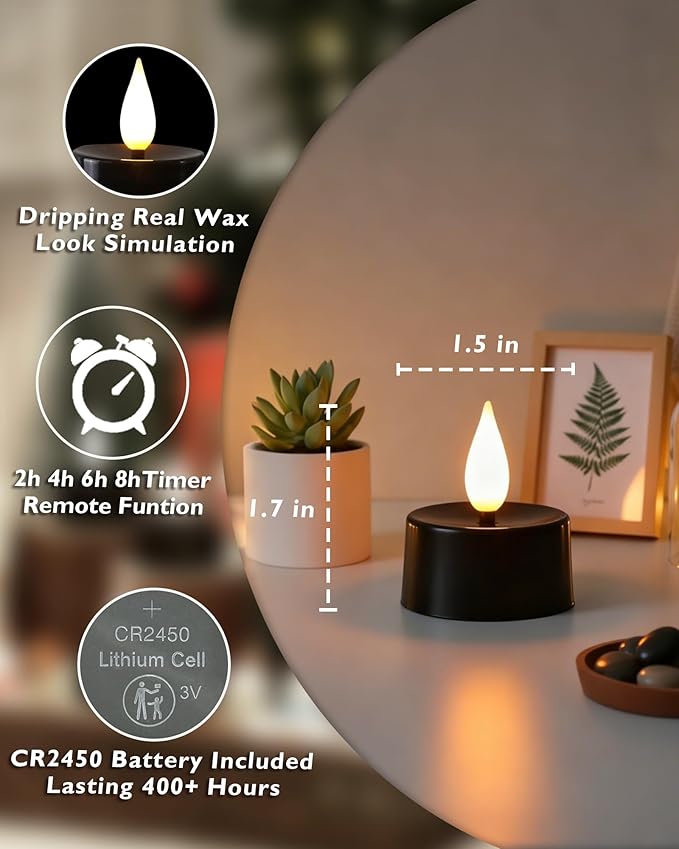 Amagic Flameless Black Timer Remote Tealights Candles, 3D Black Wick Flickering Tea Lights, 300+Hour Colored Votive Candles Battery Operated, Set of 24 for Table Decorations, Pumpkin, Halloween, Party