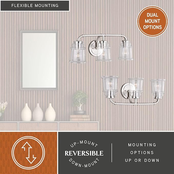 VAXCEL Toledo 3-Light 22 inch Wide Satin Nickel Industrial Bathroom Vanity Lighting Fixture, Clear Glass Shade, Dimmable, LED Compatible, Over The Mirror Mounted Steel Wall Sconce