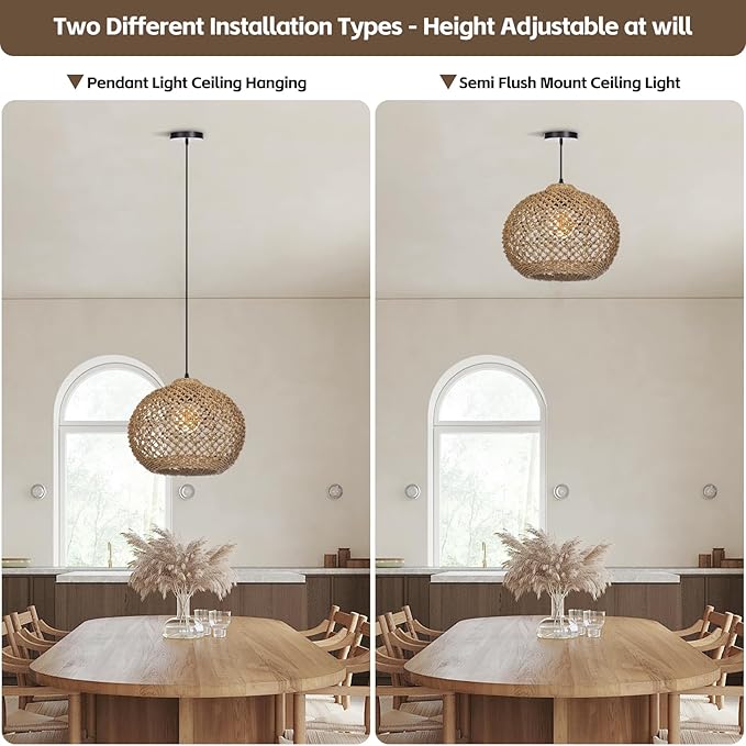 Boho Chandelier, Farmhouse Ceiling Hanging Lamp Shade, Natural Rattan Weaving Light Fixture, Rustic Round Pendant Lighting for Kitchen Dining Room Restaurant Bar, 13.78" W x 11.02" H