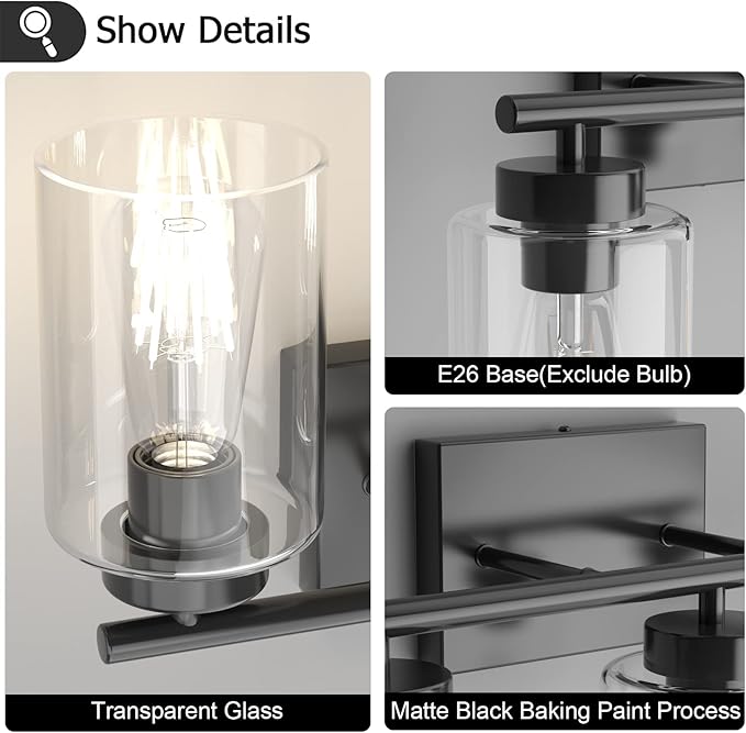 Aipsun 3 Light Black Bathroom Vanity Light, Modern Light Fixture with Clear Glass Shade, Industrial Wall Light for Kitchen Bedroom Living Room (Exclude Bulb)