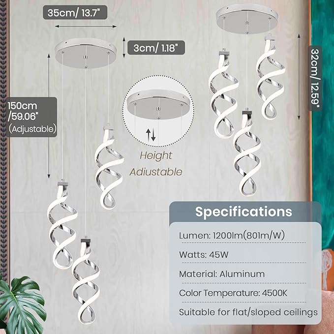 Modern Led Pendant Light Fixture, 45W Chrome Spiral Led Chandelier Hanging Lamp, 4500K Daylight White Pendant Lamp, Adjustable Height Pendant Light for Dining Room Bedroom Kitchen Island (3 Light)