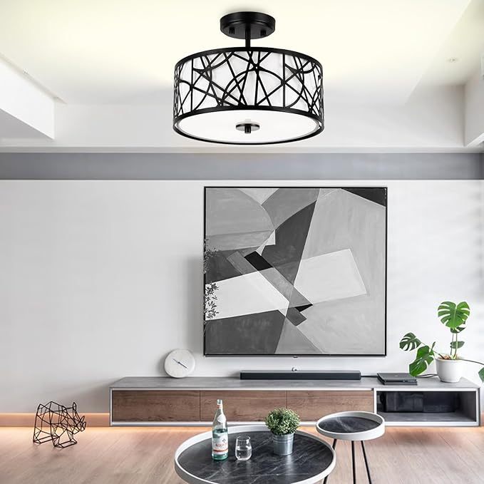 3-Light Semi Flush Mount Ceiling Light, 12.6" Drum Light with White Fabric Shade, Modern Close to Ceiling Lamp for Living Room Bedroom Dining Kitchen Hallway Entry Foyer (Matt Black)