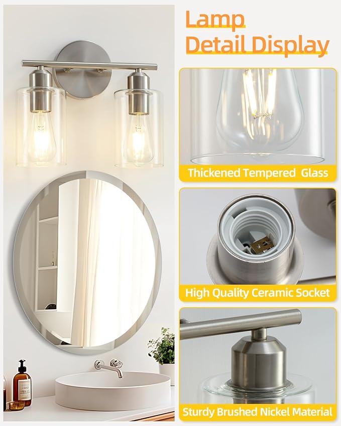 Bathroom Light Fixtures, 2-Light Brushed Nickel Vanity Lights for Bathroom, Modern Bathroom Lighting Fixtures Over Mirror with Clear Glass Shade, Wall Sconce Lighting for Hallway - 2Pack