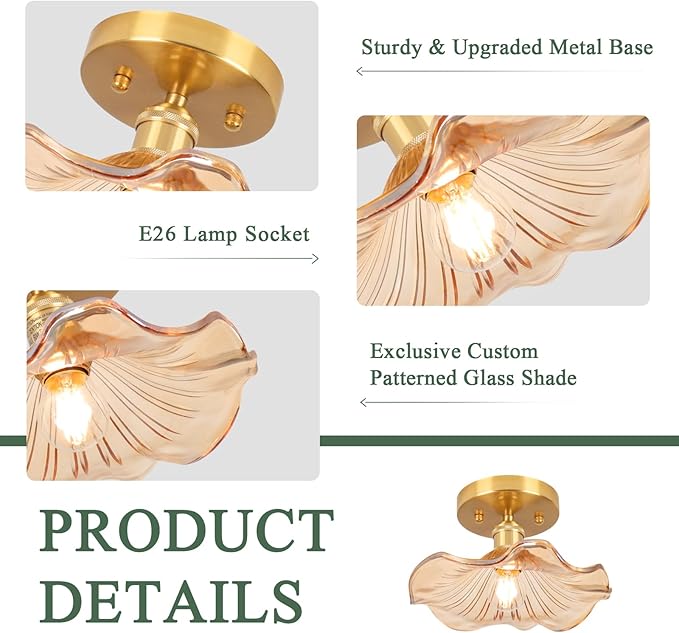 Semi Flush Mount Ceiling Light,Flower Amber Glass Ceiling Lighting 8.8" E26 Porch Ceiling Light Fixtures for Closet Hallway Kitchen Dining Room