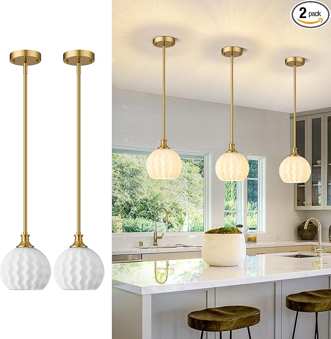Milk Glass Pendant Lights Kitchen Island 2 Pack, 7.3" Brushed Gold Modern Pendant Light Fixtures with Rods, Globe Hanging Lighting for Kitchen Sink Bathroom Dining Room, LTMM07-2PBG