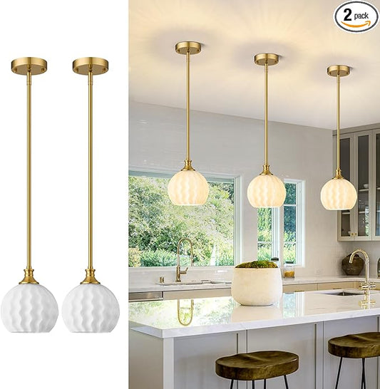 Milk Glass Pendant Lights Kitchen Island 2 Pack, 7.3" Brushed Gold Modern Pendant Light Fixtures with Rods, Globe Hanging Lighting for Kitchen Sink Bathroom Dining Room, LTMM07-2PBG
