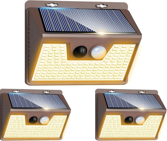 Peasur Solar Lights Outdoor Motion Sensor Waterproof, 3Pack 140LED Brown Solar Powered Fence Light, 3 Modes Security Wall Lights for Garden Yard Outside(Warm White)