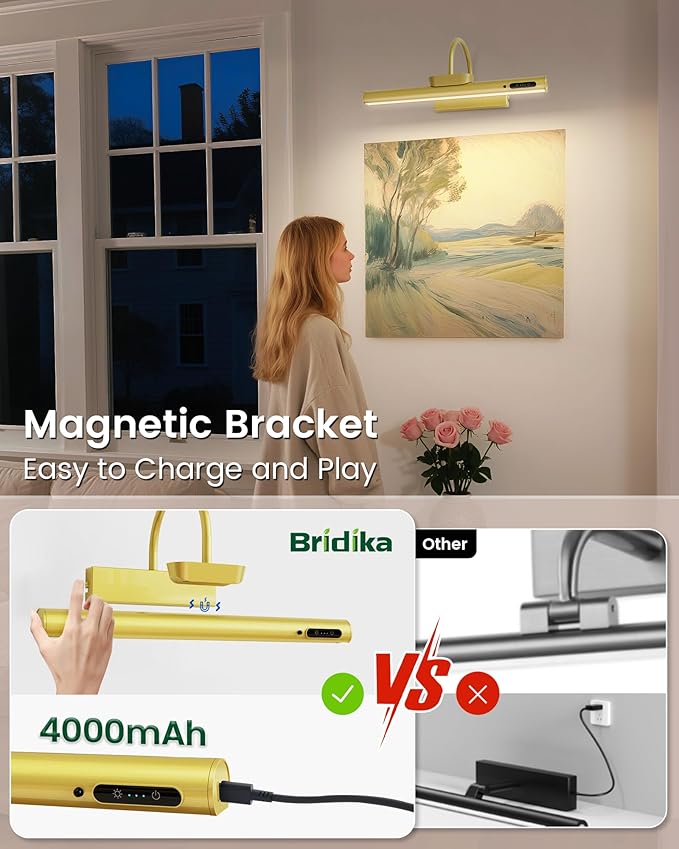 Bridika Picture Light Battery Operated, 13.8in Picture Lights for Wall, 3 Colors & Brightness Dimmable, Rechargeable Art Light for Paintings Photo Dartboard Gallery Bedroom Bathroom Gold