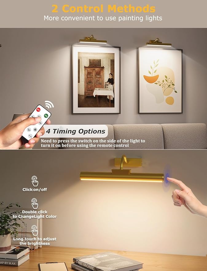 16in Wireless Picture Light with Remote, Battery Operated Picture Lights for Wall 5000mAh, 3 Color Modes and Dimmable LED Art Lighting with Timer for Painting, Frame, Gallery, Bedroom (Gold-1Pack)
