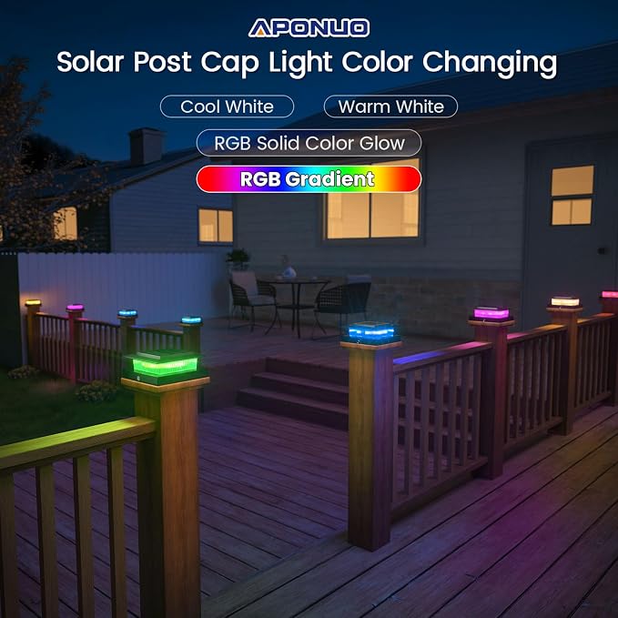 APONUO 16 Pack Solar Post Cap Lights RGB Color Changing - 8 Solid Colors & Flowing Multicolor, IP65 Waterproof for 4x4 Wood/Vinyl Posts, Auto On/Off Deck Fence Patio Garden Lighting, Black