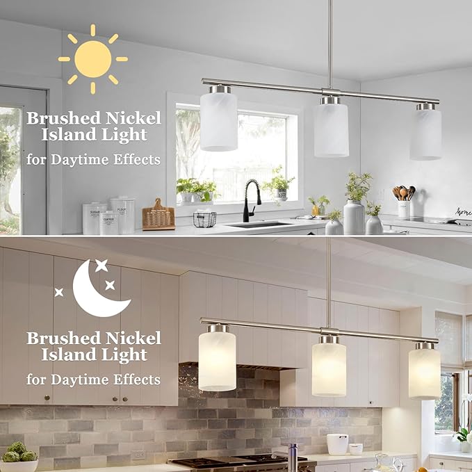 3-Light Kitchen Island Lighting Brushed Nickel Dining Room Light Fixture with Milk Glass Shade 31" Modern Linear Chandelier Adjustable Hanging Pendant Lighting Over Island Dining Table Living Room，E26