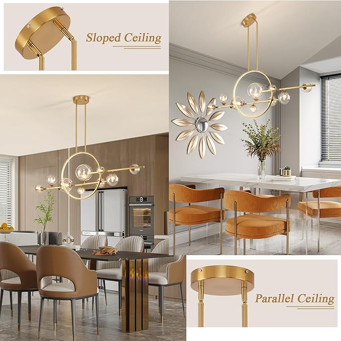 KELUOLY 10-Light Gold Kitchen Island Light, 54" Modern Dimmable Mid-Century Dining Room Chandelier, Linear Sputnik Pendant Lights with Globe Clear Glass Shade for Dining Room Kitchen Island, bar