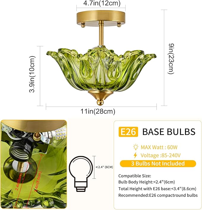 Semi Flush Mount Ceiling Light, Gold Vintage Light fixtures with Floral Green Glass Shade, Modern Close-to-Ceiling Lighting for Bedroom Kitchen Living Room Hallway
