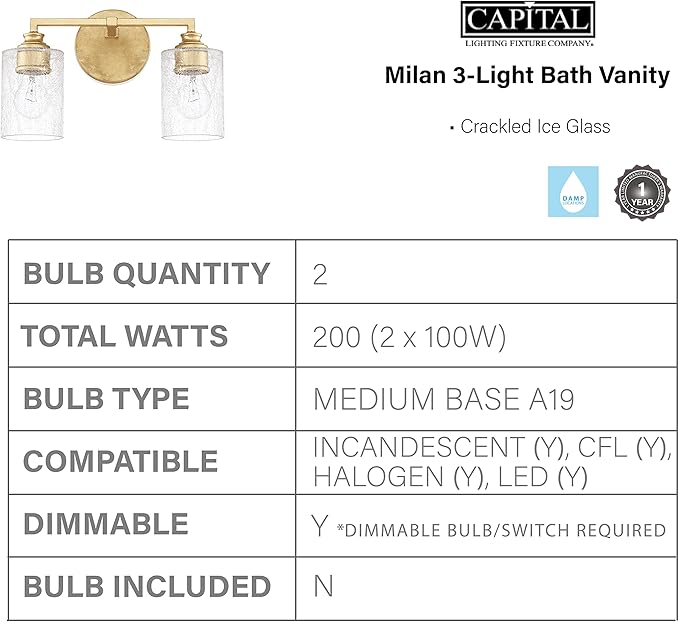 Capital Lighting 120521CG-422 Milan Iced Glass Bath Vanity Wall Mount, 2-Light 200 Total Watts, 9" H x 13" W, Capital Gold