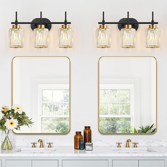 Modern Crystal Bathroom Vanity Light, 3-Light Black & Gold Vanity Lighting Fixture with Clear K9 Crystal Shades, Adjustable Up/Down Installation, E26 Base (Bulbs Not Included)