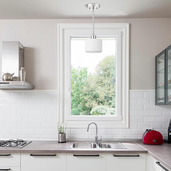 Milk Glass Pendant Lights Kitchen Island 2 Pack, Modern Brushed Nickel Hanging Light Fixtures with Rods, Mini Kitchen Pendant Lighting Over Island for Sink Bathroom, OS-YQ8153-2PBN