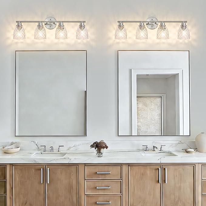 4-Light Bathroom Light Fixtures, Modern Brushed Nickel Vanity Light Over Mirror, Wall Sconce with Clear Hammered Glass Shades, E26 Base (Bulbs Not Included)