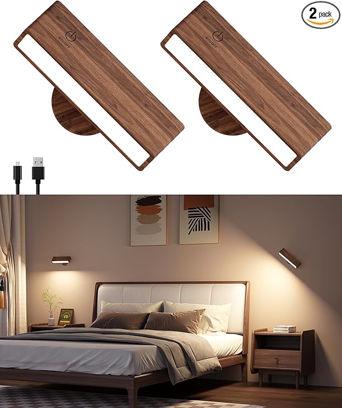 DetarZinLED Battery Operated Wall Sconces Set of 2,Rechargeable Wall Lights Wood,Stick On Wall Lights for Bedroom,Wall Mounted Bedside Reading Lamps Dimmable,Battery Powered Wall Lamp for Bedroom