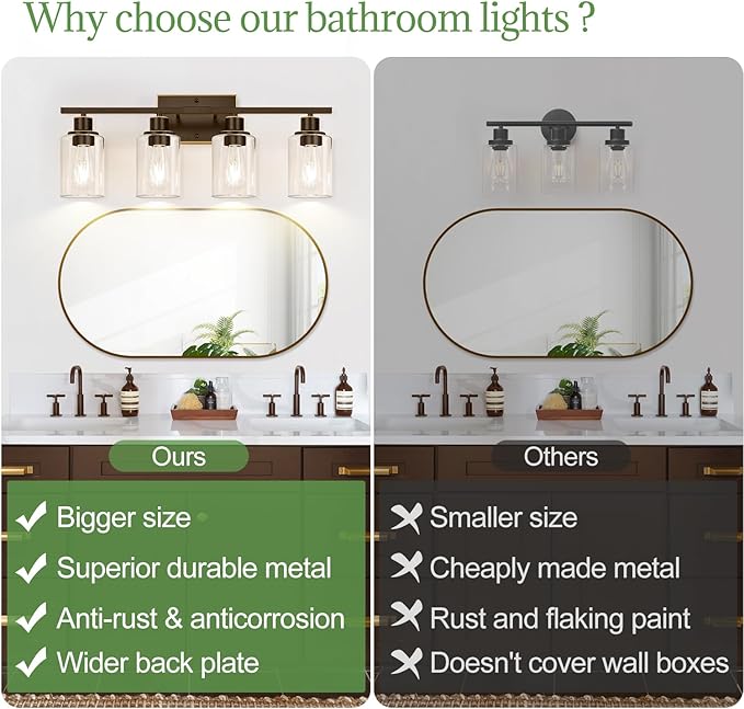 Indoi 4 Light Bathroom Light Fixtures, Oil-Rubbed Bronze Modern Vanity Lights with Clear Glass Shades, Bathroom Wall Lamp for Mirror Living Room Cabinet